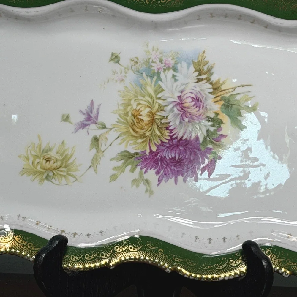 Antique c1900 Porcelain Dresser Tray Green Gold Floral Vanity Serving Tray 12